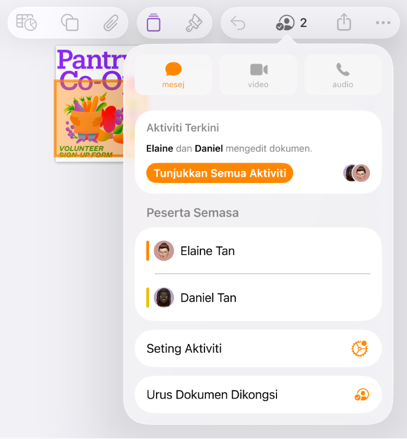 Menu kerjasama menunjukkan nama orang yang bekerjasama pada dokumen.
