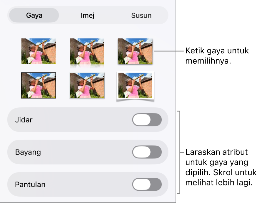 Tab Gaya menu Format dengan gaya objek di bahagian atas dan kawalan di bawahnya untuk menukar jidar, bayang, pantulan dan kelegapan.