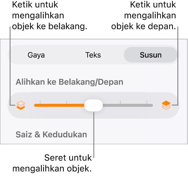 Butang Bergerak Ke Depan, butang Bergerak Ke Belakang dan gelangsar lapisan.