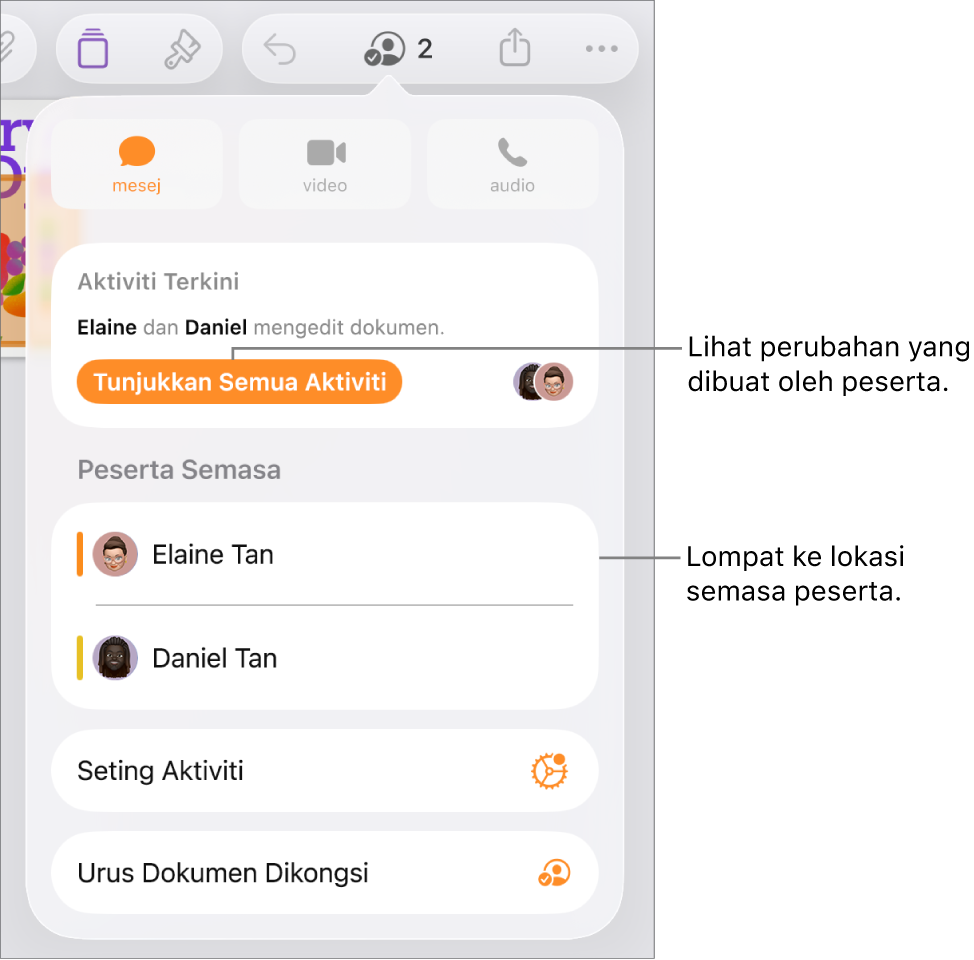 Menu kerjasama dengan peserta semasa disenaraikan.