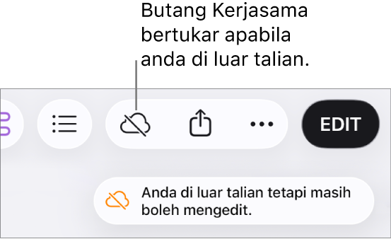 Isyarat pada skrin menyatakan “Anda di luar talian tetapi masih boleh mengedit”.