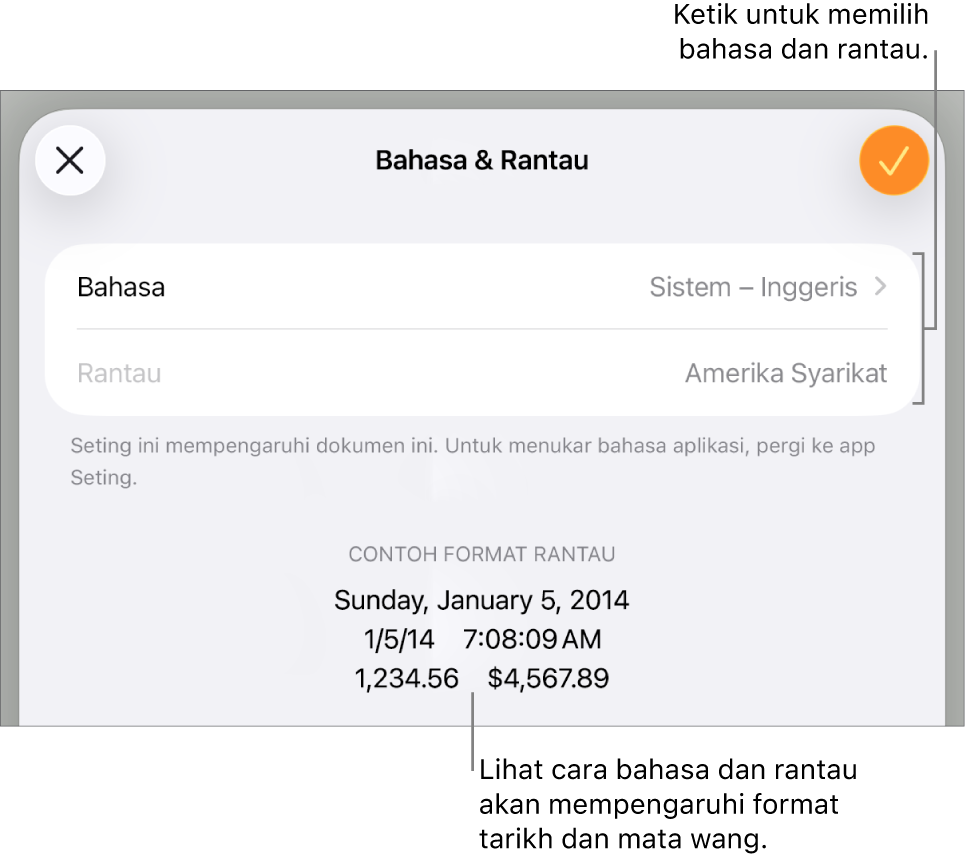 Anak tetingkap Bahasa dan Rantau dengan kawalan untuk bahasa dan rantau, serta contoh format termasuk tarikh, masa, perpuluhan dan mata wang.