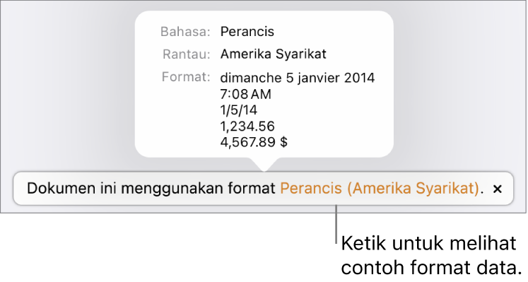 Pemberitahuan seting bahasa dan rantau berbeza, menunjukkan contoh format dalam bahasa dan rantau itu.