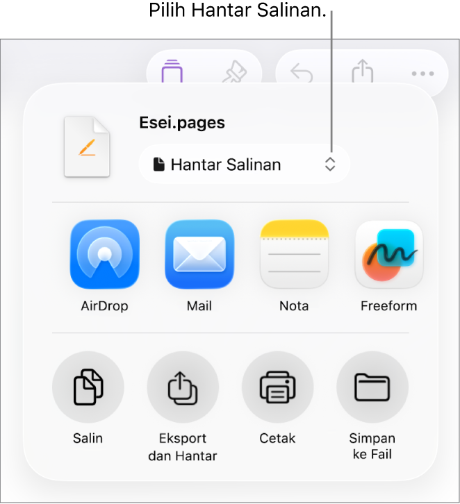 Menu Kongsi dengan Hantar Salinan dipilih di bahagian atas.