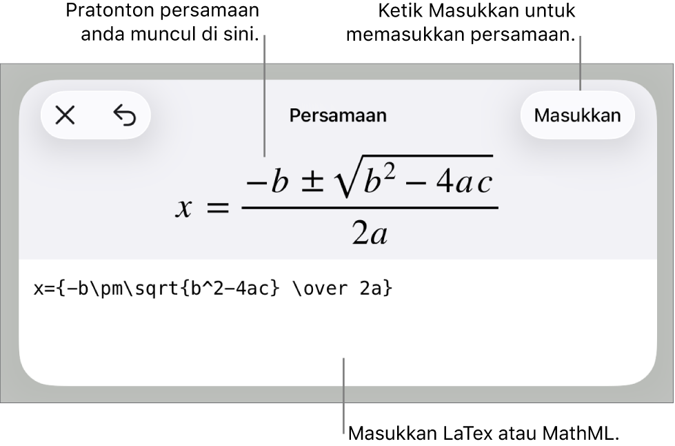 Dialog Persamaan, menunjukkan persamaan yang ditulis menggunakan perintah MathML manakala pratonton formulanya di atas.