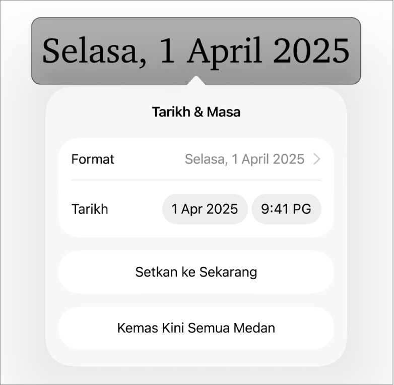 Kawalan Tarikh & Masa menunjukkan Format menu timbul untuk tarikh dan butang Setkan kepada Sekarang dan Kemas Kini Semua Medan.
