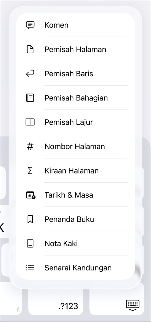 Bar pintasan dengan kawalan Masukkan terbuka di atas butang Masukkan.