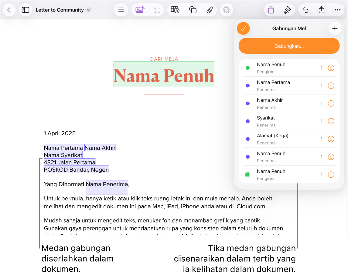 Dokumen Pages dengan medan gabungan alamat penerima menyerlahkan teks ruang letak yang akan digantikan dan tika medan gabungan yang disenaraikan dalam menu Gabungan Mel.