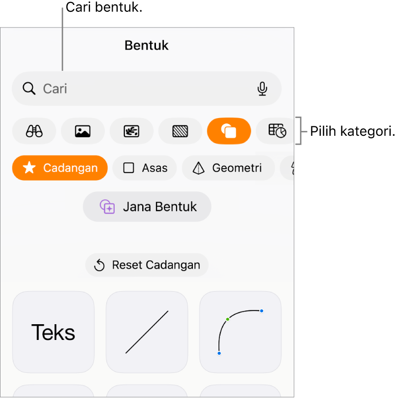 Pustaka bentuk, dengan kategori di bahagian atas dan bentuk dipaparkan di bawah. Anda boleh menggunakan medan carian di bahagian atas untuk mencari bentuk dan leret untuk melihat lebih banyak.