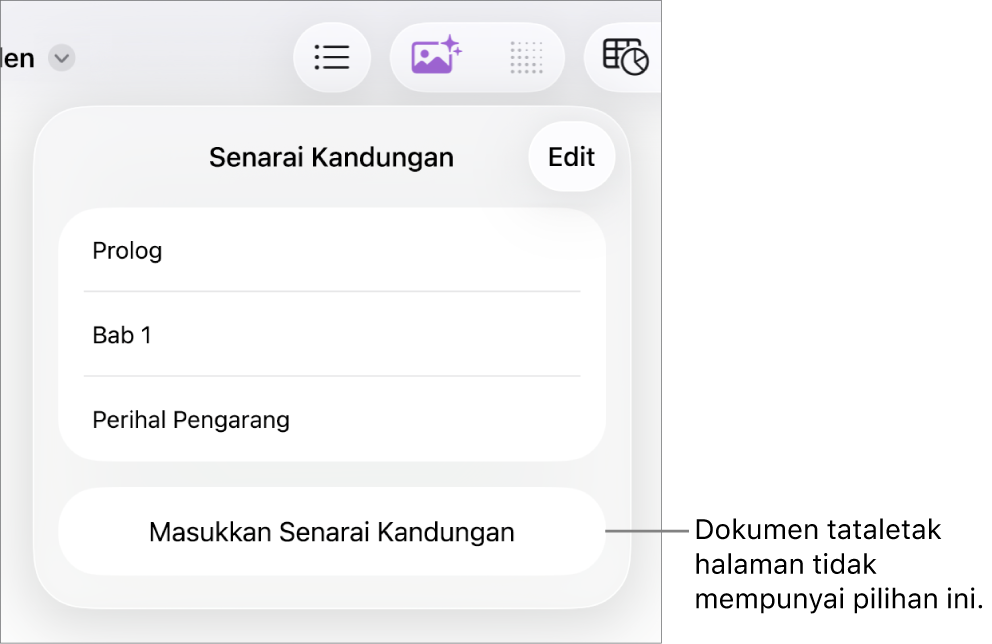 Paparan senarai kandungan dengan Edit di penjuru kanan atas, entri TOC dan butang Masukkan Senarai Kandungan di bahagian bawah.
