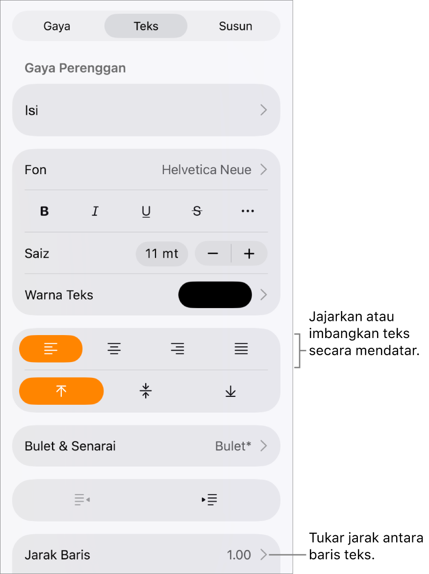 Butang kawalan Format dengan tab Teks dipilih dan petak bual ke butang penjajaran teks dan item menu Jarak Baris.
