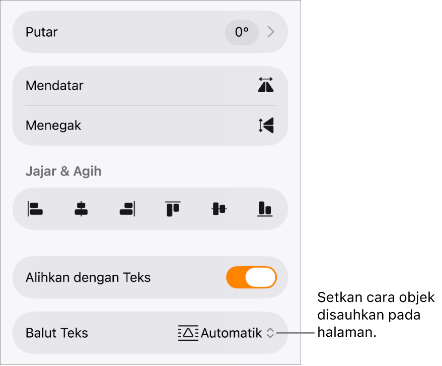 Kawalan Format dengan tab Susun dipilih dan kawalan untuk Bergerak ke Belakang/Depan, Alihkan dengan Teks dan Balut Teks.