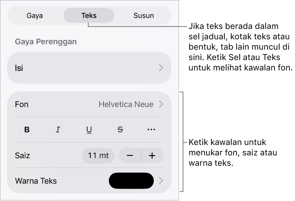 Kawalan teks dalam menu Format untuk mengesetkan perenggan dan gaya, fon, saiz dan warna aksara.