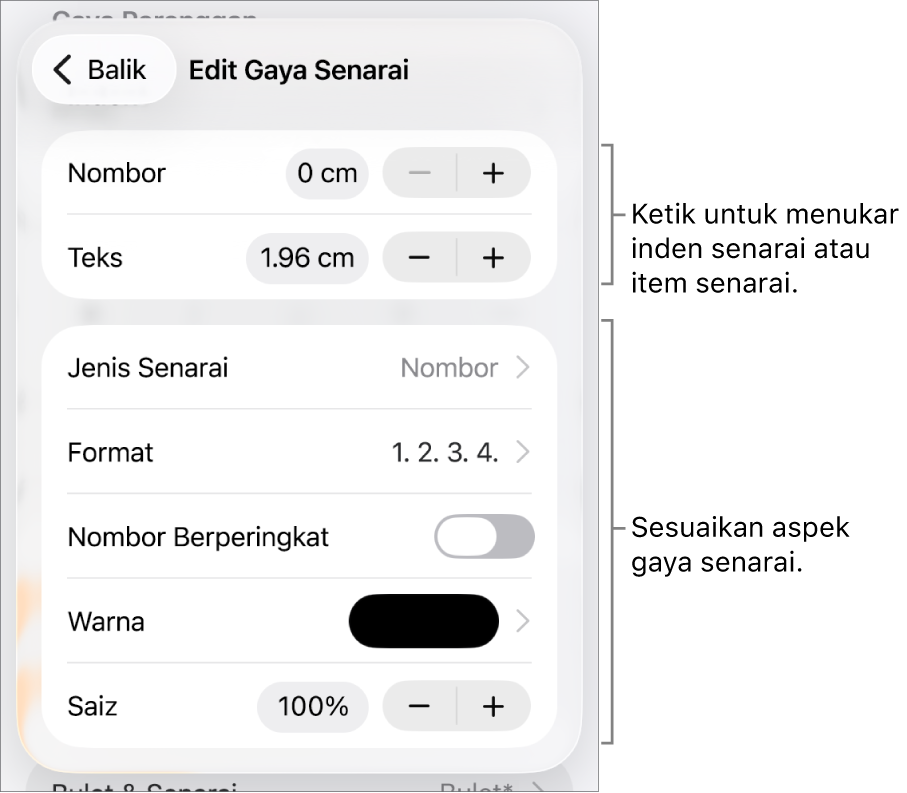 Menu Edit Gaya Senarai dengan kawalan untuk jarak inden, jenis dan format senarai, nombor berperingkat, warna dan saiz senarai serta nombor berterusan.