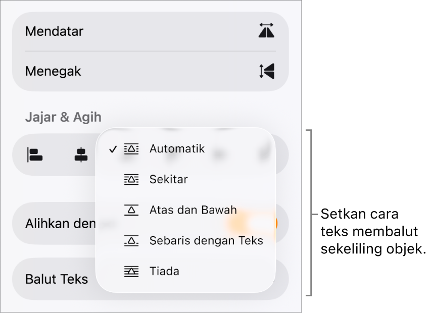 Kawalan Format dengan tab Susun dipilih. Di bawahnya ialah kawalan Balut Teks dengan Bergerak ke Belakang/Depan, Alihkan dengan Teks dan Balut Teks.