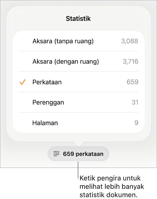 Pengira perkataan dengan menu yang menunjukkan pilihan untuk menunjukkan jumlah aksara tanpa dan dengan jarak, kiraan perkataan, kiraan perenggan dan kiraan halaman.