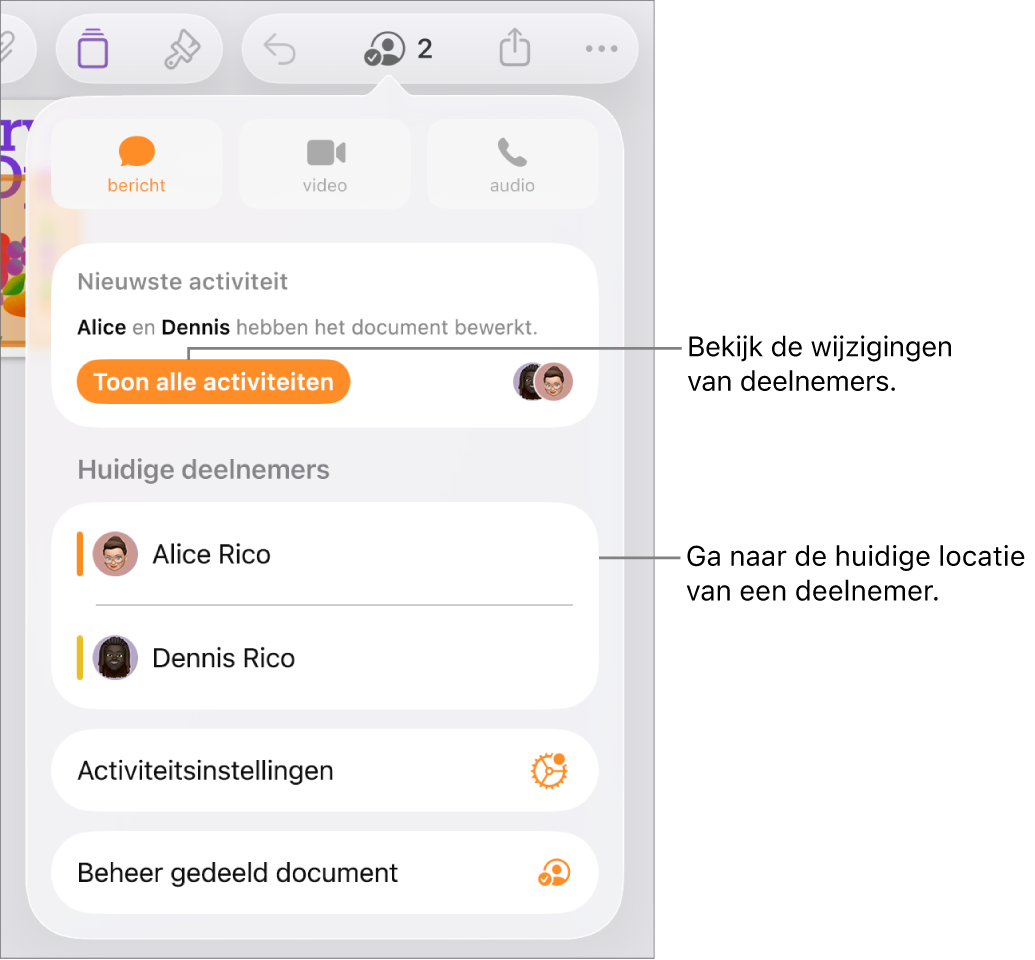 Het samenwerkingsmenu met daarin de namen van huidige deelnemers.