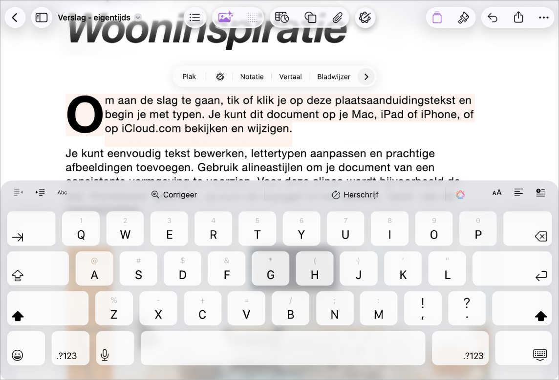 Een geopend Pages-document waarin plaatsaanduidingstekst is geselecteerd.
