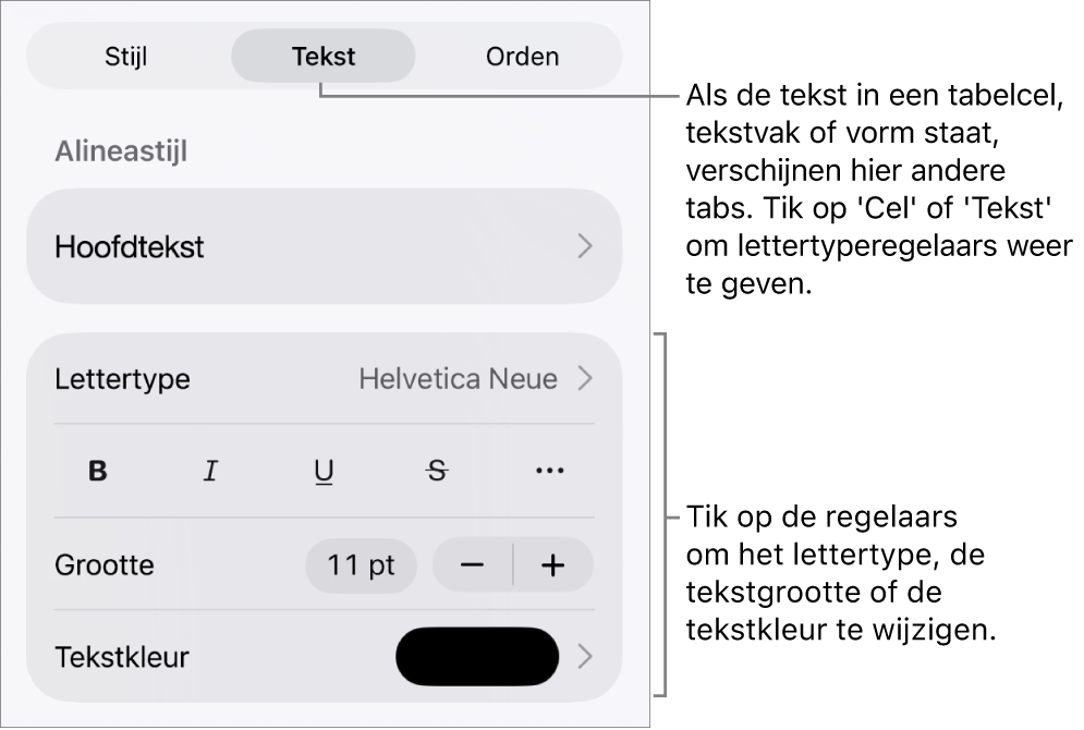 Tekstregelaars in het opmaakmenu voor het instellen van alinea- en tekenstijl, lettertype, lettergrootte en kleur.
