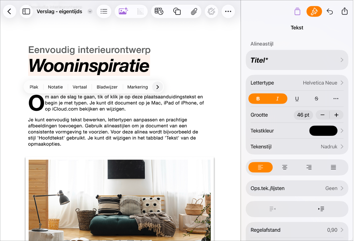 Een geopend Pages-document waarin tekst is geselecteerd en opties voor tekstopmaak worden weergegeven.