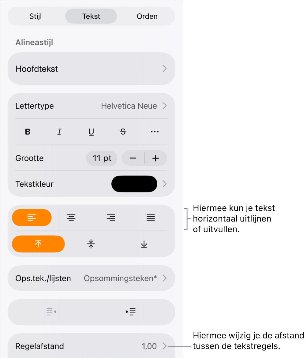 Het tabblad 'Tekst' in het paneel met opmaakregelaars met uitleg bij de knoppen voor tekstuitlijning en het menu 'Regelafstand'.