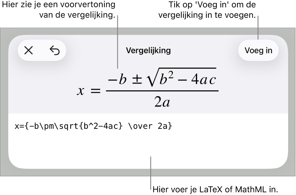 Het venster 'Vergelijking' met daarin een vergelijking die geschreven is met MathML-commando's en erboven een voorvertoning van de formule.