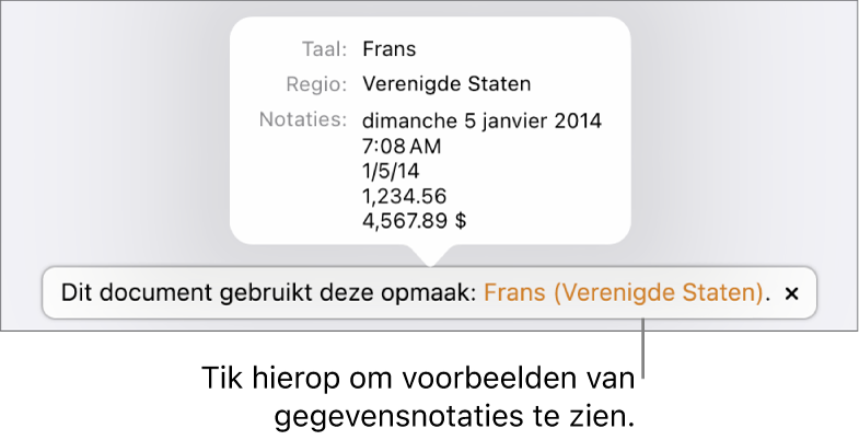 De melding van de afwijkende taal en regio, met voorbeelden van de opmaak in die taal en voor die regio.