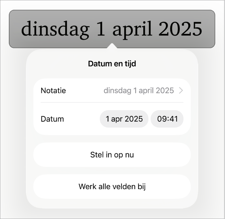 De regelaars voor datum en tijd met een pop‑upmenu voor de datumnotatie en de knoppen 'Stel in op nu' en 'Werk alle velden bij'.