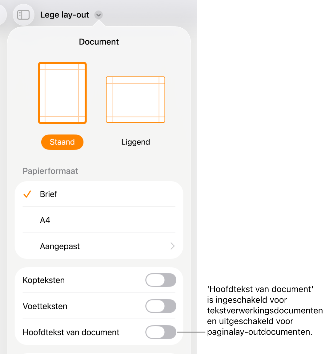 De opmaakregelaars in het tabblad 'Document'. 'Hoofdtekst van document' staat onder in het scherm en is ingeschakeld.