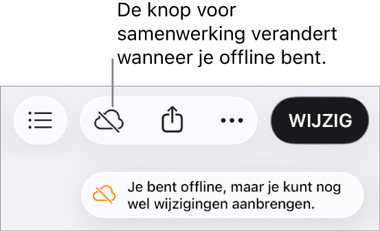 De volgende melding staat op het scherm: 'Je bent offline, maar je kunt nog wel wijzigingen aanbrengen.'