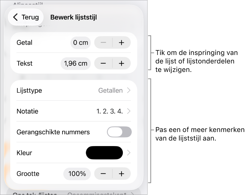 Het menu 'Bewerk lijststijl' met regelaars voor de ruimte van de inspringing, het lijsttype en de notatie, gerangschikte nummers, de kleur en grootte van de lijst, en doornummering.