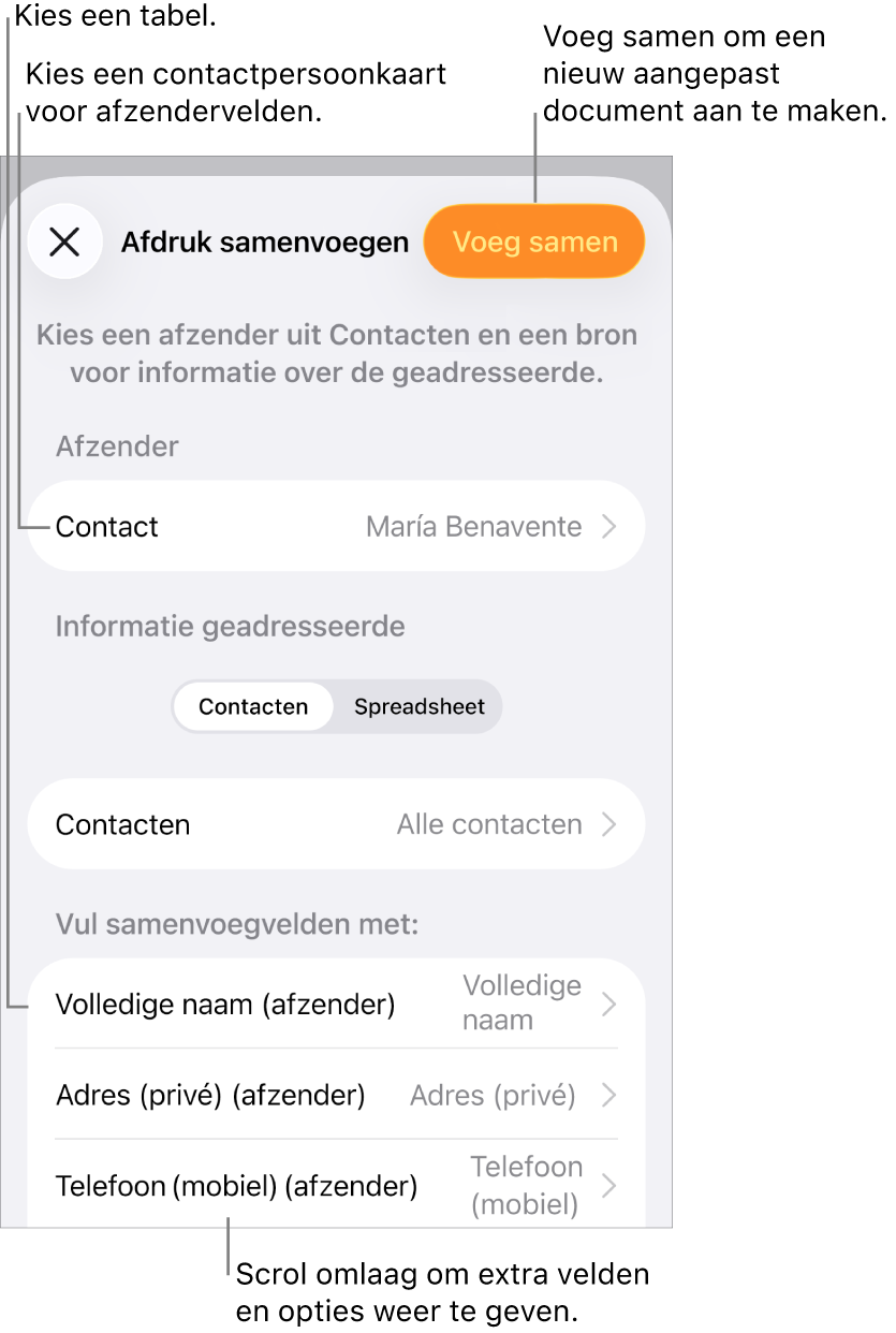 Het paneel 'Afdruk samenvoegen' met opties voor het kiezen van de afzendergegevens, het wijzigen van het bronbestand of de tabel, het bekijken van de lijst met samenvoegvelden of afzonderlijke records en het samenvoegen van het document.