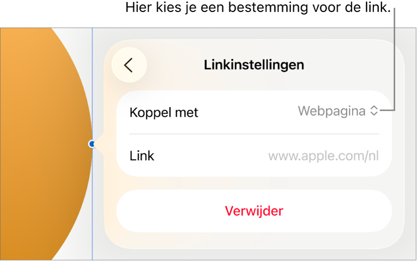 De regelaars voor linkinstellingen. 'Webpagina' is geselecteerd en onderaan staat de knop 'Verwijder'.