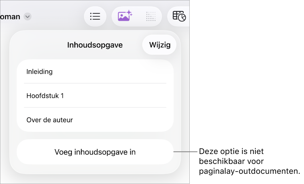 De weergave voor de inhoudsopgave met rechtsboven de knop 'Wijzig', onderdelen in de inhoudsopgave en onderin de knop 'Voeg inhoudsopgave in'.