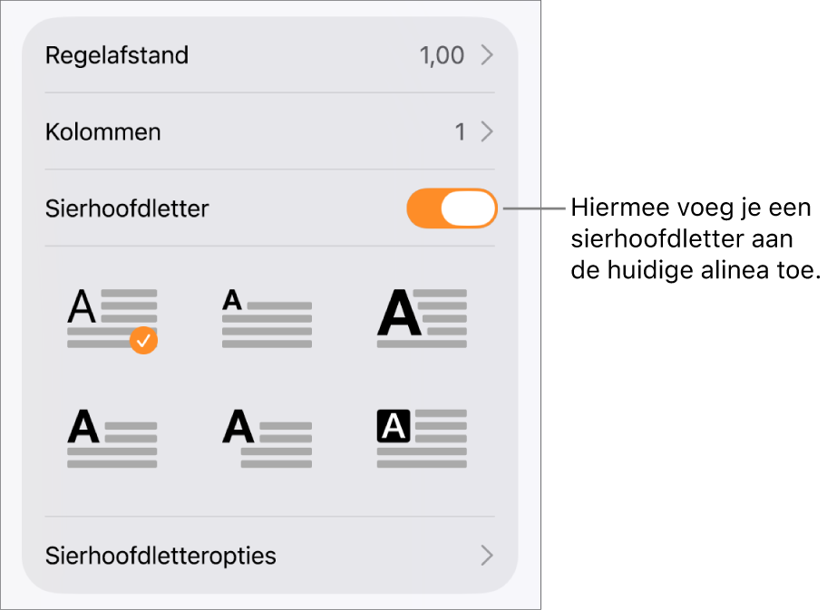 De regelaars voor sierhoofdletters in het menu 'Tekst'.