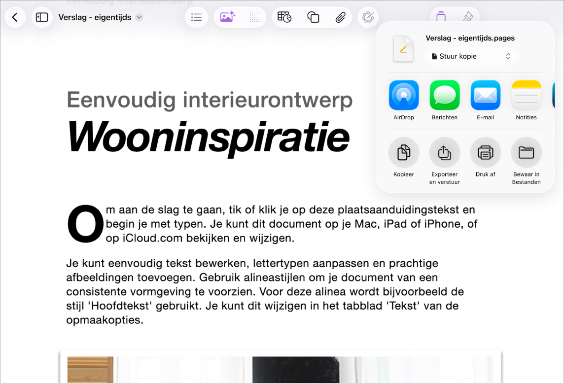 Een werkdocument waarin de opties voor delen en exporteren worden weergegeven.