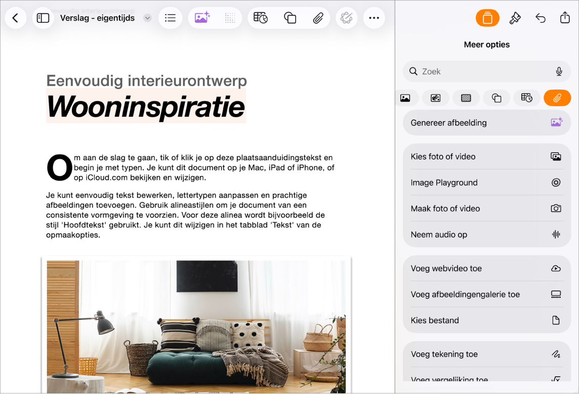 Een geopend Pages-document waarin het Voeg in-menu wordt weergegeven en het mediamenu geopend is.