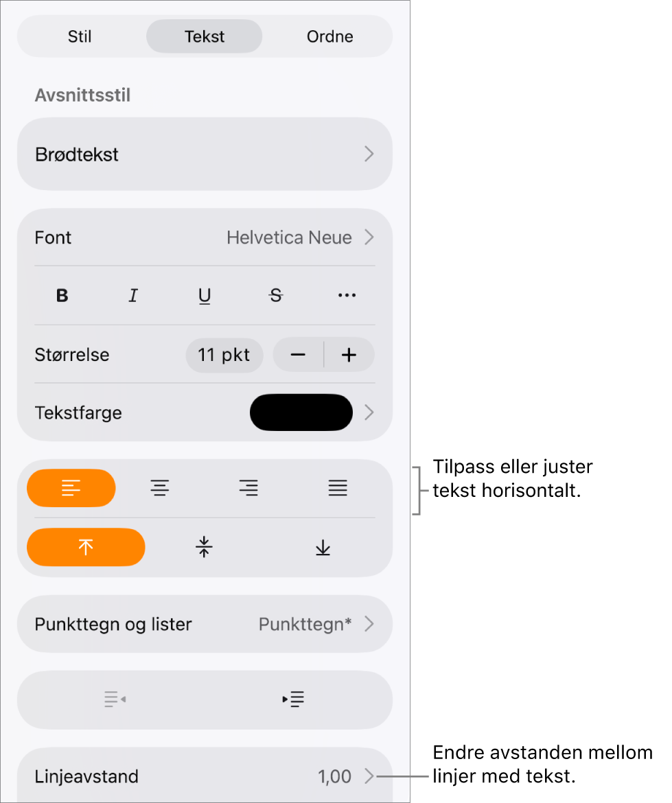 Knappen for Format-kontroller med Tekst-fanen markert og bildeforklaringer til tekstjusteringsknappene og Linjeavstand-menyobjektet.