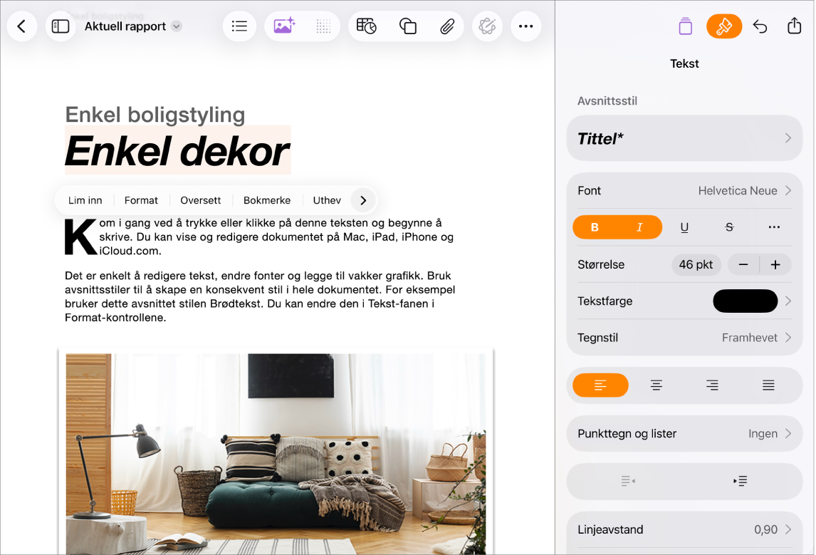 Pages-dokument der vi ser markert tekst og tekstformateringsvalg.