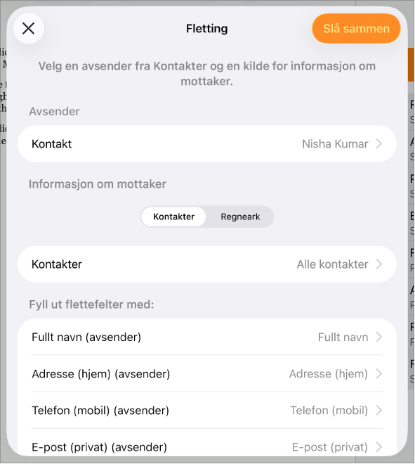 Fletting-panelet er åpent, med valg for å velge avsenderinformasjon, endre kildefil eller -tabell, forhåndsvise flettefeltnavn og flette dokumentet.