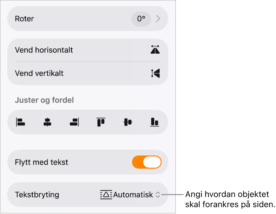 Format-kontrollene med Ordne-fanen markert og kontroller for Flytt nederst/øverst, Flytt med tekst og Tekstbryting.