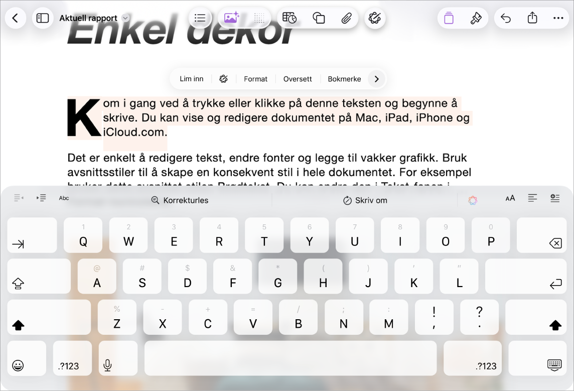 Pages-dokument der plassholdertekst er markert.