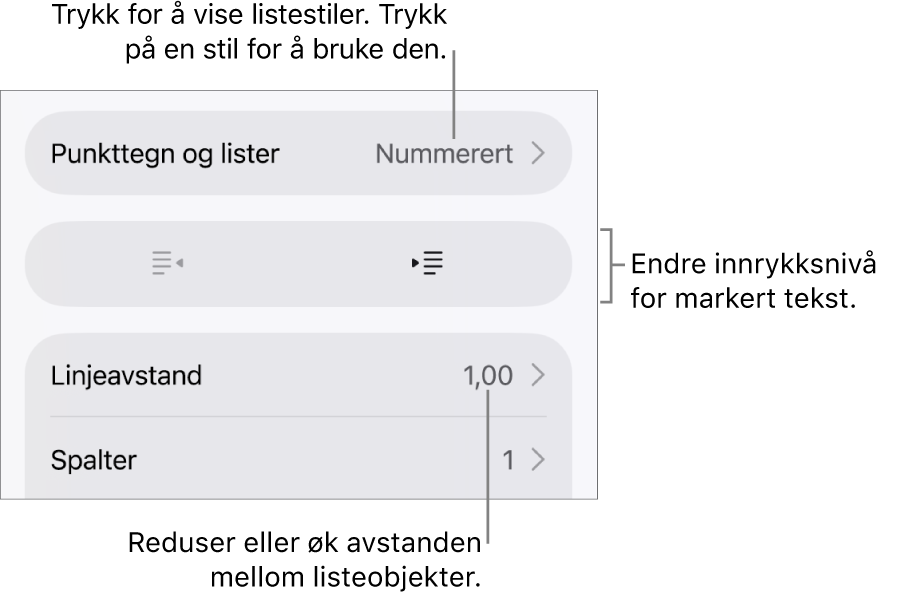 Punkttegn og lister-delen i Format-kontroller med bildeforklaringer for Punkttegn og lister, utrykk- og innrykk-knapper og linjeavstandskontroller.
