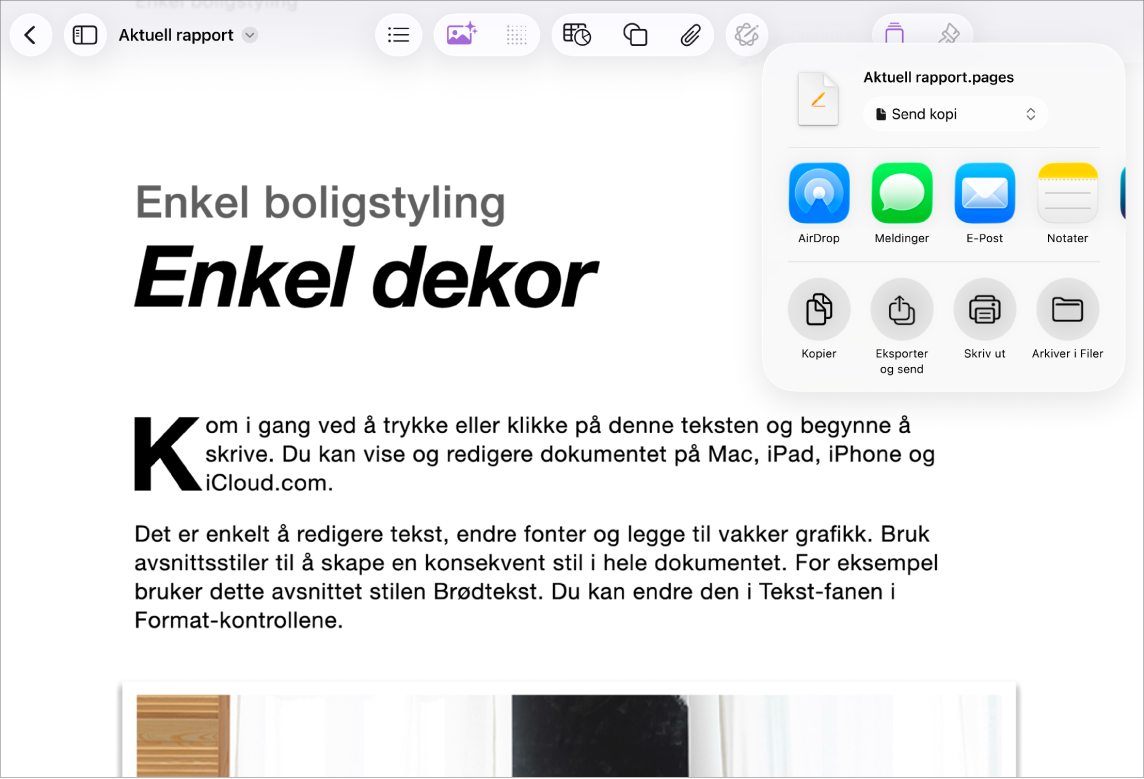 Arbeidsdokument der vi ser valg for deling og eksportering.
