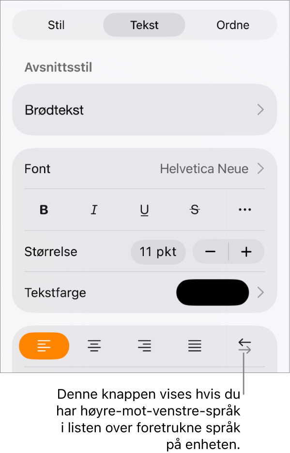 Tekstkontroller i Format-menyen med en bildeforklaring som peker på Høyre til venstre-knappen.