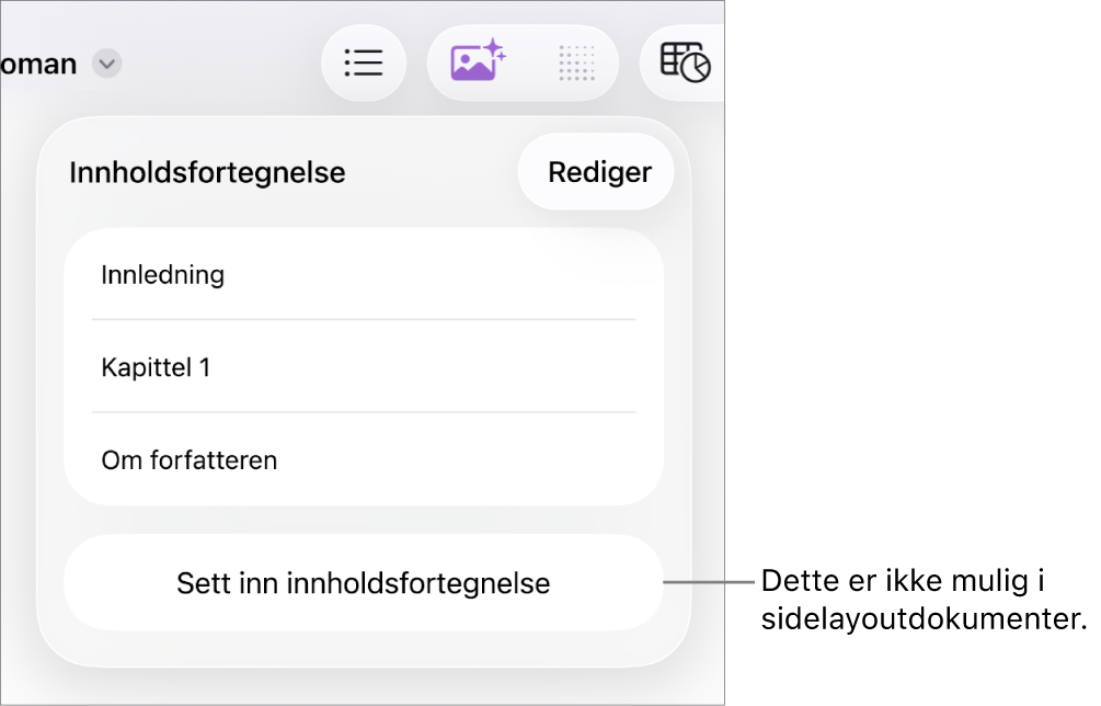 Innholdsfortegnelsesvisningen med Rediger øverst til høyre, innholdsfortegnelseoppføringer og Sett inn innholdsfortegnelse-knappen nederst.