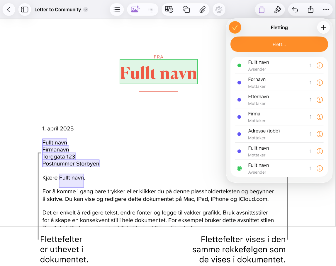 Pages-dokument med flettefelt for mottaker og avsender viser plassholderteksten som skal erstattes, og en forekomstliste for flettefelt vises i Fletting-menyen.