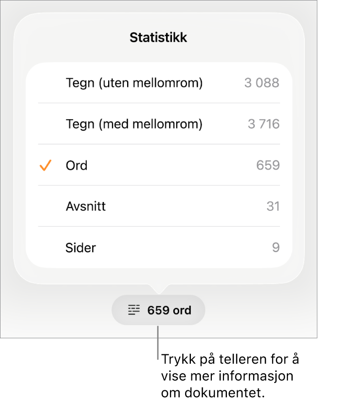 Ordtellingen, med en meny som viser valg for å vise antallet tegn med og uten mellomrom, ordantall, antall avsnitt og antall sider.