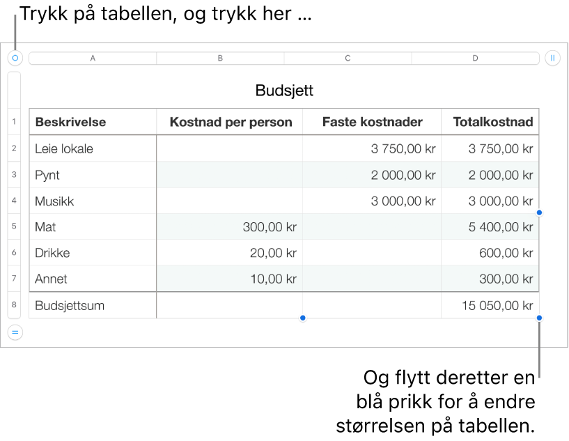 En markert tabell med blå prikker for å endre størrelsen.
