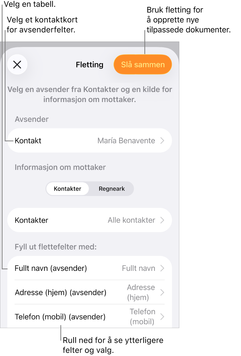 Fletting-panelet er åpent, med valg for å velge avsenderinformasjon, endre kildefil eller -tabell, forhåndsvise flettefeltnavn eller individuelle oppføringer og flette dokumentet.